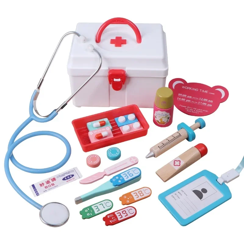 Giochi di finzione in legno Giocattoli educativi da dottore per bambini Simulazione medica Set di cassette per medicinali Giochi di ruolo Finta