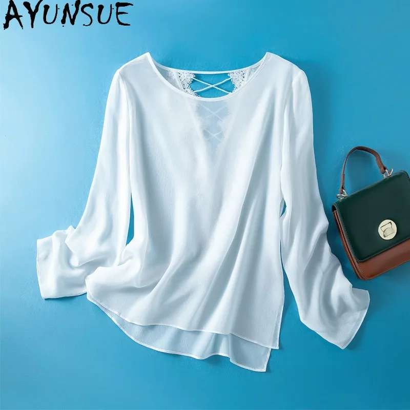 AYUNSUE 100% Silk Tops for Woman Casual Stylish Solid Color Long Sleeve Tops Loose Sunscreen T-shirt Woman Clothing Ropa Mujer