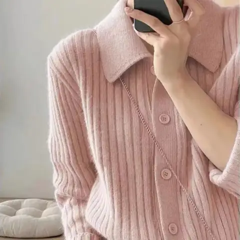 Temperament lapel 100 pure cashmere knit cardigan blouse autumn and winter loose sweater wool coat