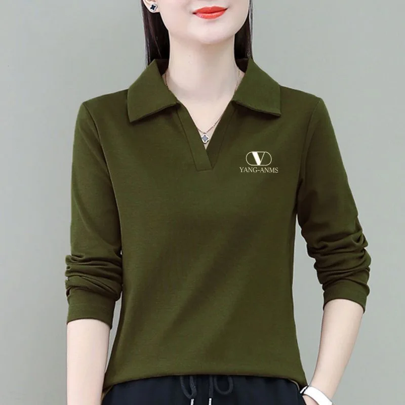 

Solid Color Lapel T-shirt Women's Inner Wear Spring Autumn New Year Polo Collar Mother's Long-sleeved Base Shirt Top