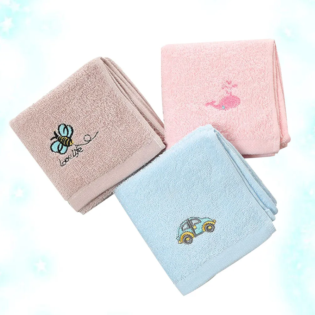 3Pcs Cotton Cartoon Hand Towels Embroidered Absorbent Face Washcloths for Bathroom Kitchen Kids 50x25cm Coffee Blue Pink