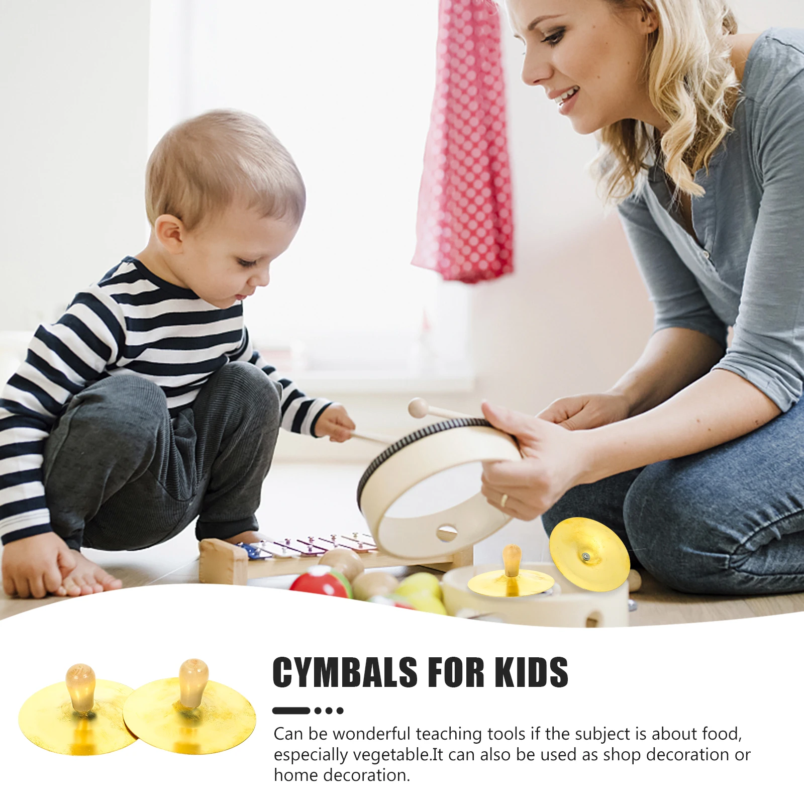 

2 Pcs 10cm Copper Cymbal Small Finger Safe for Children Musical Wood Kids Hand Percussion Instruments Cymbals for Kids
