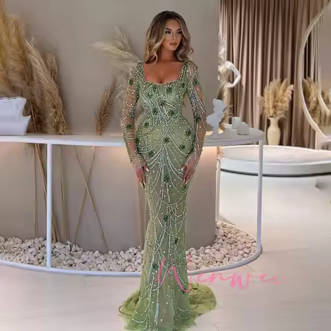 1Customized Evening Dresses Luxury Green Mermaid Evening Dress for Women Square collar Crystal Beads Arabic Long Sleeves