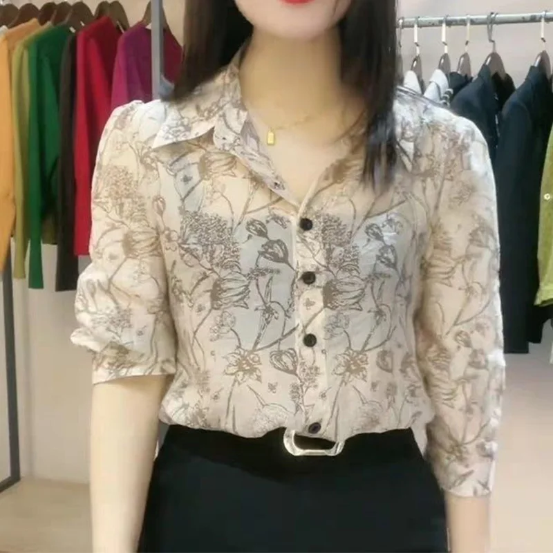 2024 New Summer Chic Retro Elegant Fashion Punk Office Lady Women's Shirt Chiffon Button V Neck 3/4 Sleeve Long Sleeve Y2K Tops