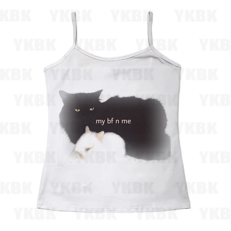 Retro Grafik Ärmelloses Crop Top Weiß Casual Katze Oansatz Casual T Shirt Frauen y2k Ästhetische Vintage Basic Tees Damen Kleidung