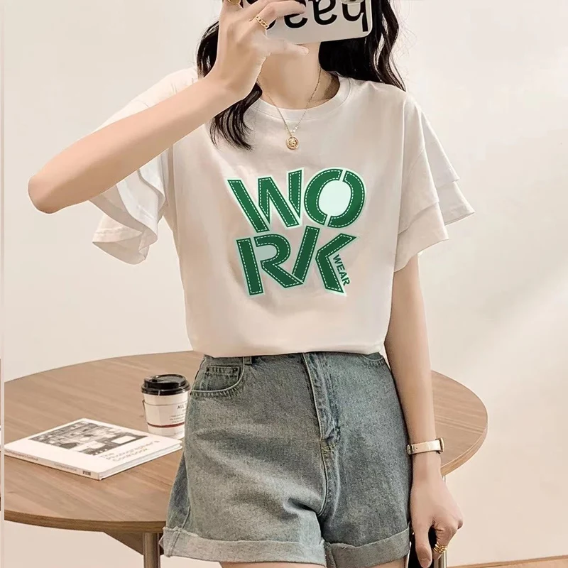 2023 Summer New Round Neck Short Sleeve T-shirt Women Printing Simple Unique All-match Tees Korean Style Basic Casual Pullovers