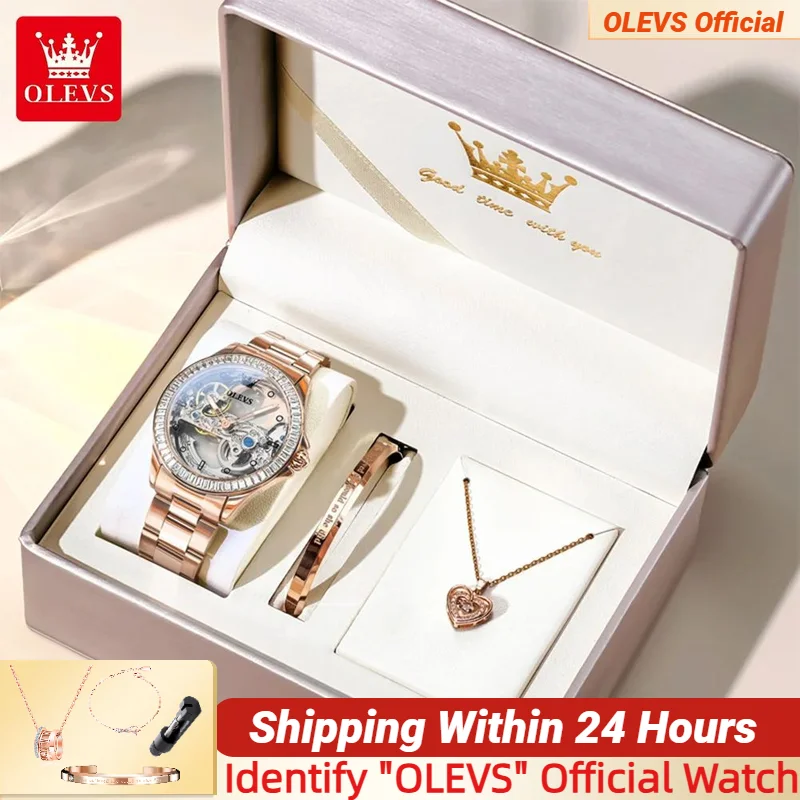 OLEVS 6699 Elegant Automatic Ladies' Watch Skeleton Stainless steel Band Waterproof Full Diamond Mechanical Watch Women Set Gift
