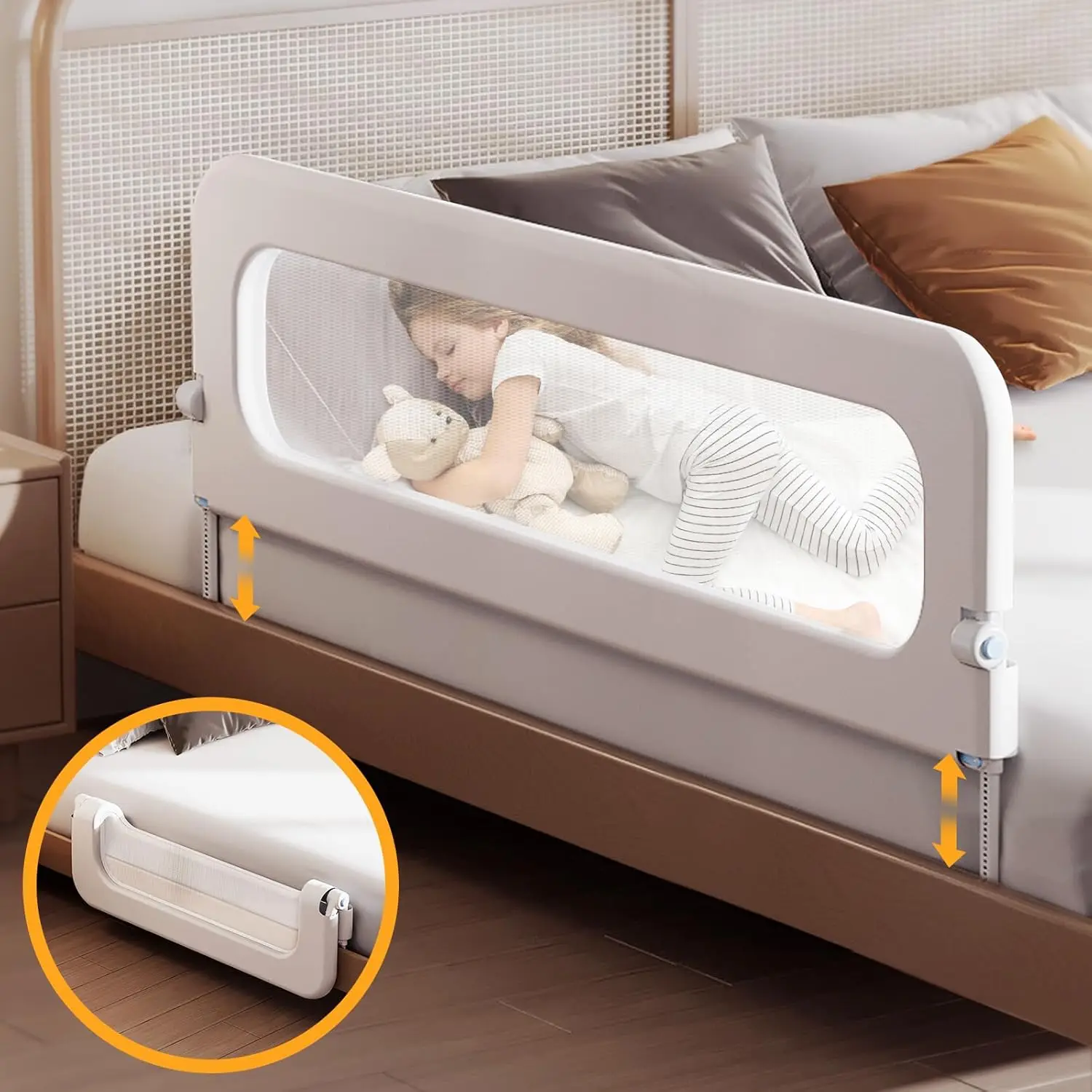 

Baby Bed Guard Rail For Toddler - 59In Adjustable Heights, Swing Down Bedrail, Extra Tall Child Safety Side Railing Guards For