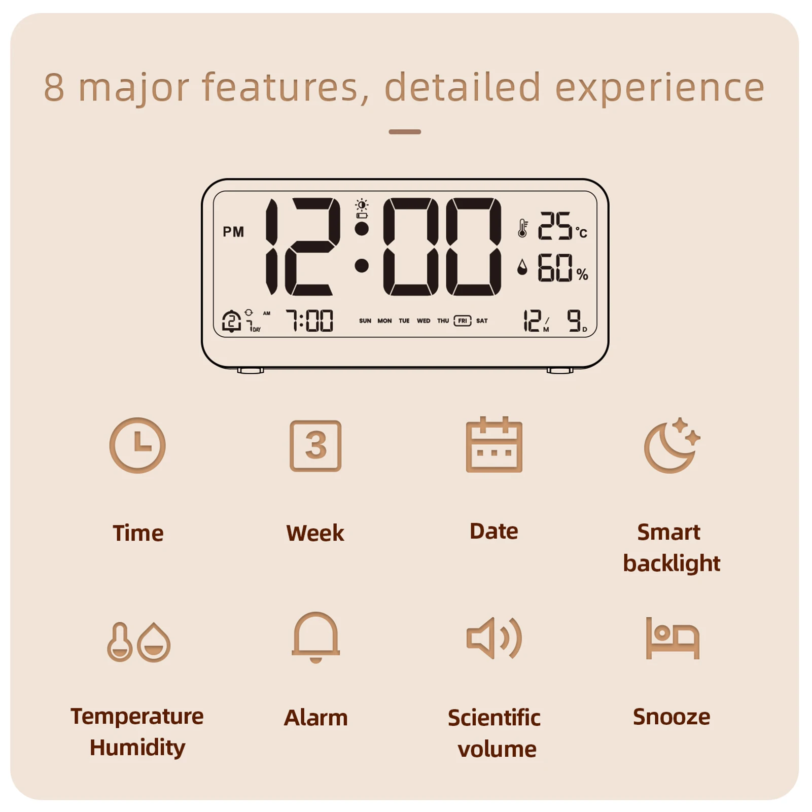 ZK30 8001-EN Multifunctional Digital Clock LED Brightness Adjustable Temperature Humidity Displaying Alarm Clock Dual Alarms