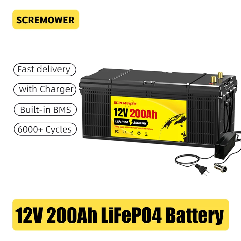 12V 200Ah PLUS Lithium LiFePO4 Battery Built-in 200A BMS 6000+ Deep Cycles Max 2560Wh With Charger for Trolling Motor,Solar,RV