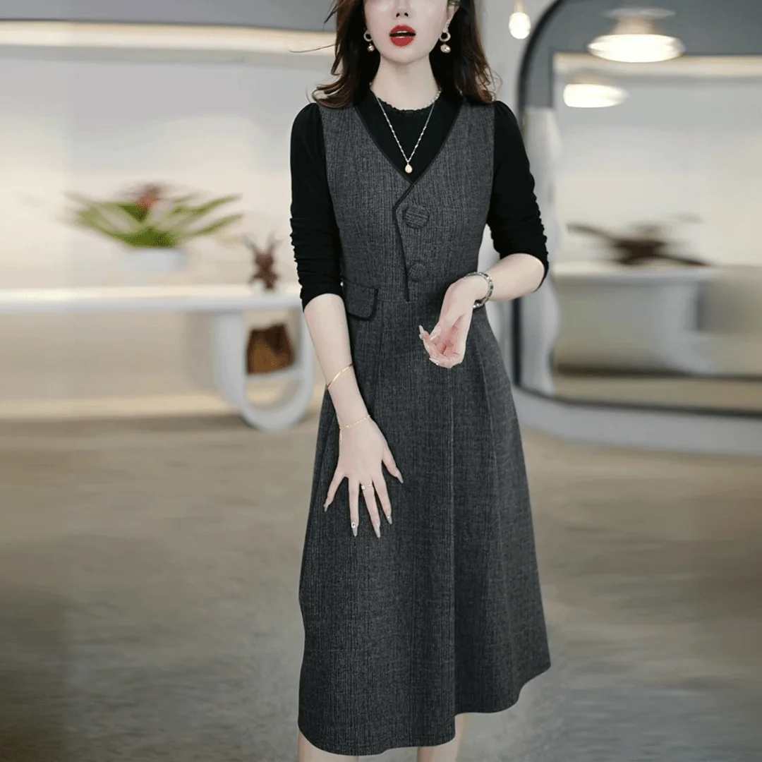 Stylish Splicing Fake Two Slimming Long Sleeved O_neck Dress for Women\'s Spring Autumn Medium Length Age Reducing Elegance Skirt