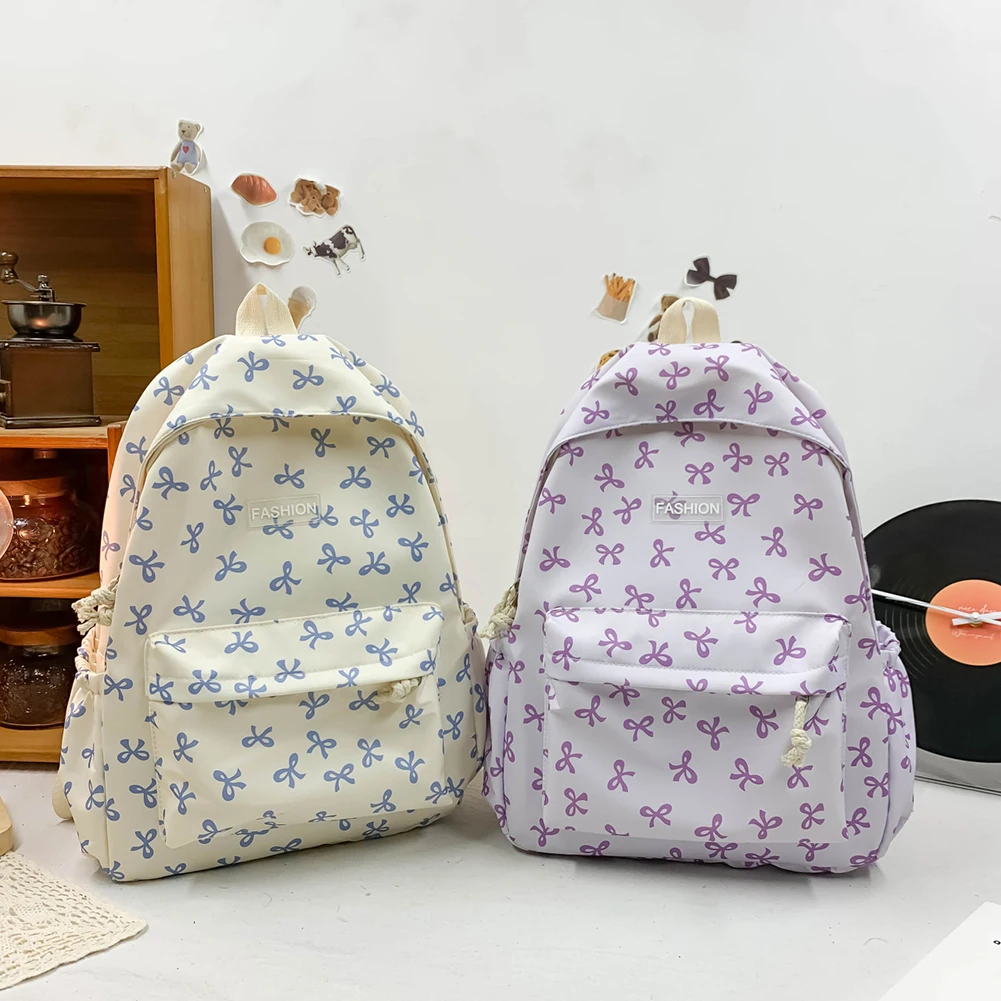 女の子用リボンプリントスクールバッグ、女性用ナイロン学生用バックパック、調節可能なストラップ付きブックバッグ、ナップサック、リュックサック