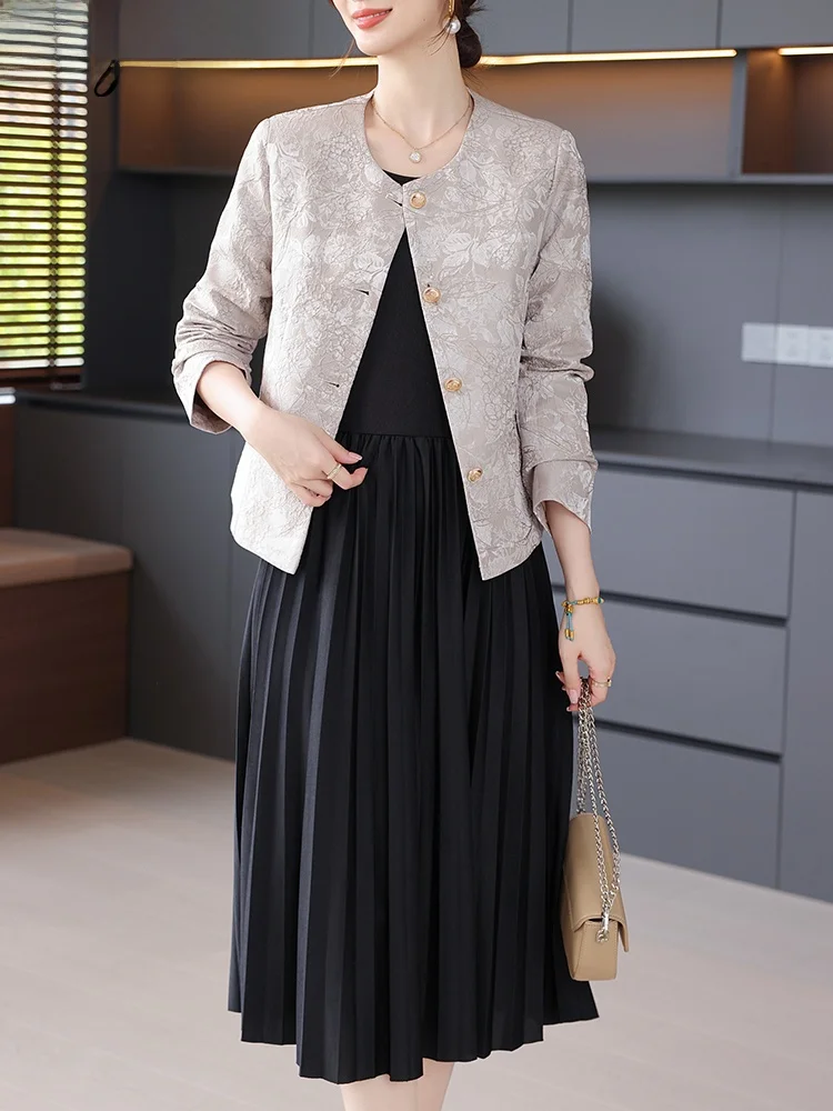 

Elegant Mid-Aged Women's Autumn Fashion Set Dress with Shirt And Coat Stylish Polyester Fiber Gown for Ladies over 40