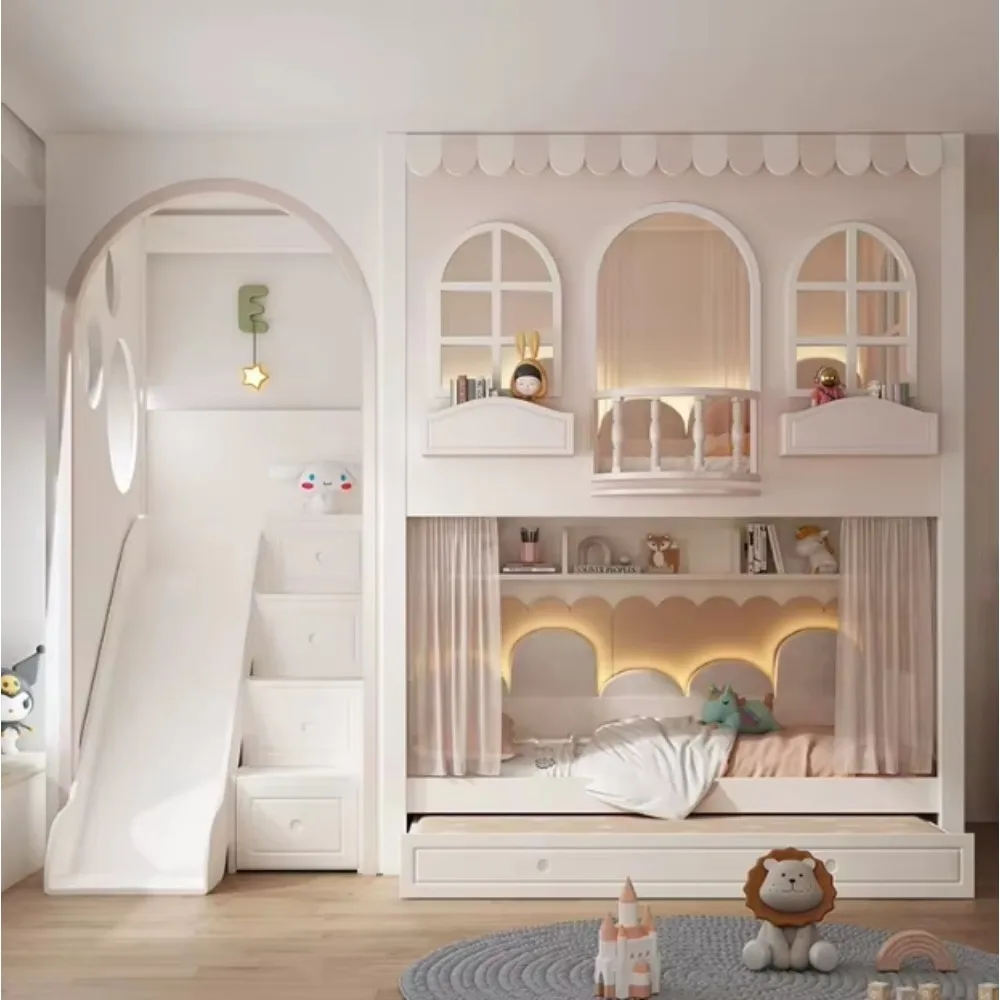 غرفة نوم الأطفال، سرير خشبي رائع بطابقين مع مكتب أسفل وخزانة تخزين الكتب لغرفة الأطفال