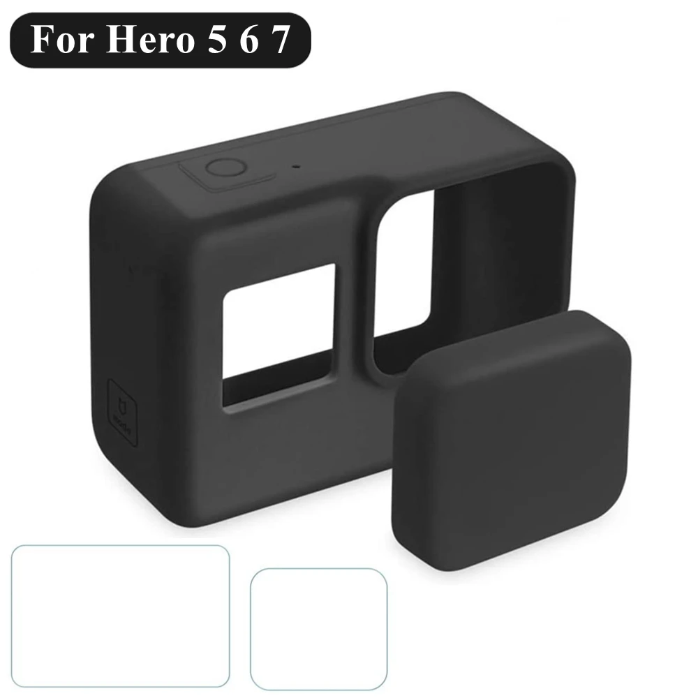 For GoPro Hero 7 6 5 Silicone Case Black Tempered Glass Screen Protector Protective Film Lens Cap Cover for Go Pro 7 Accessories