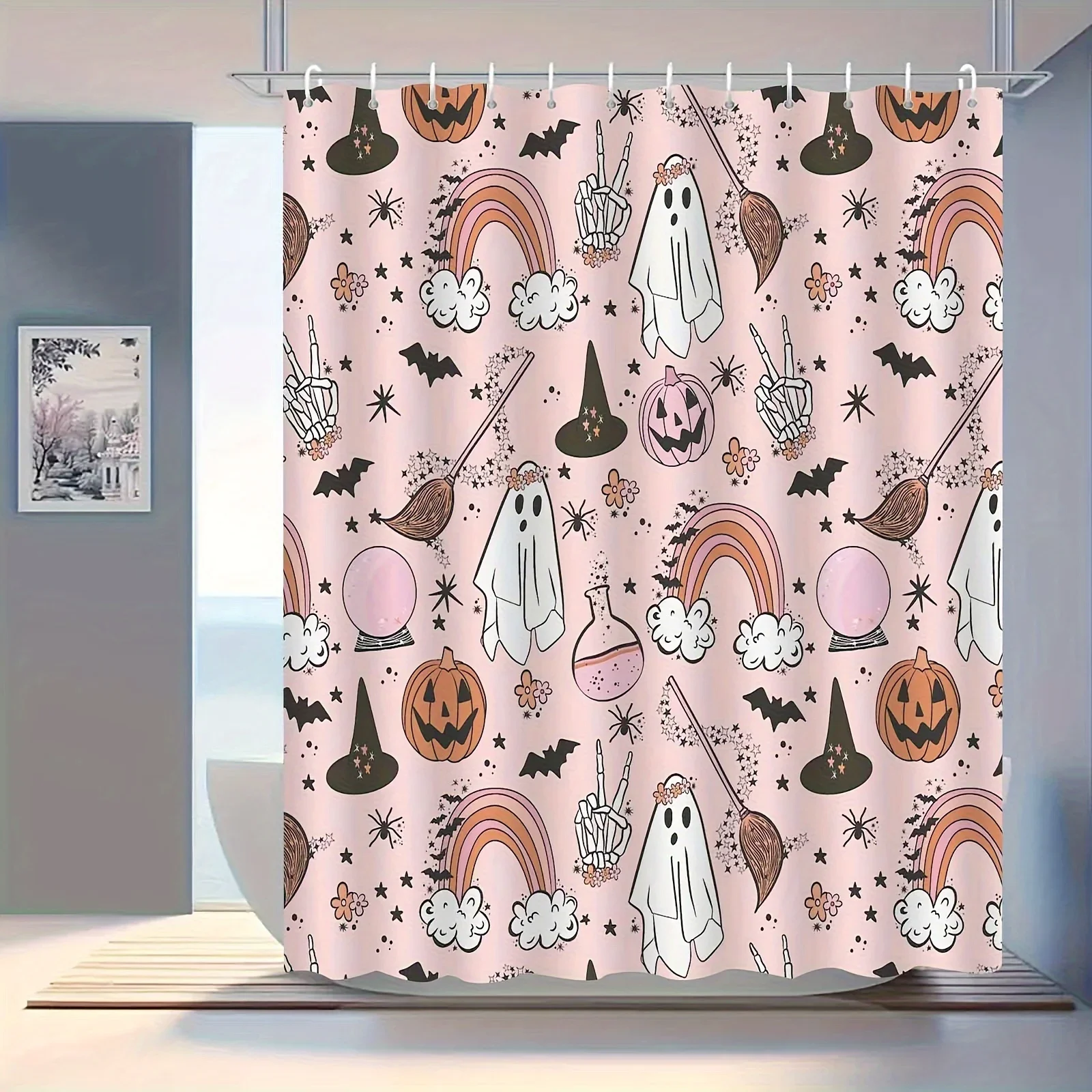 Spooky Cute Halloween Shower Curtain Rainbow Ghosts Pumpkins Fun Bathroom Decor Novelty Print