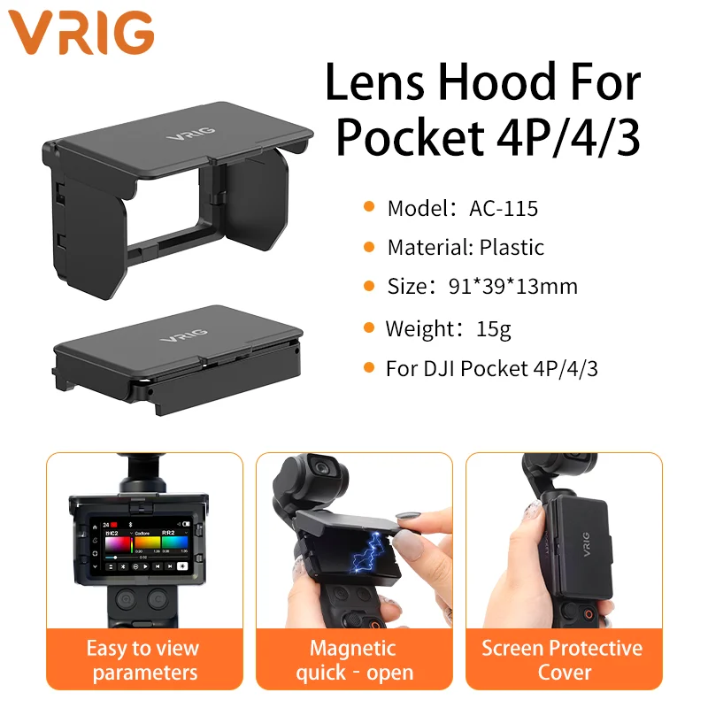 VRIG AC115 magnetische zonnekap voor het scherm van de DJI Pocket 4, opvouwbaar, anti-reflectie, beschermhoes, snel te bevestigen accessoire.