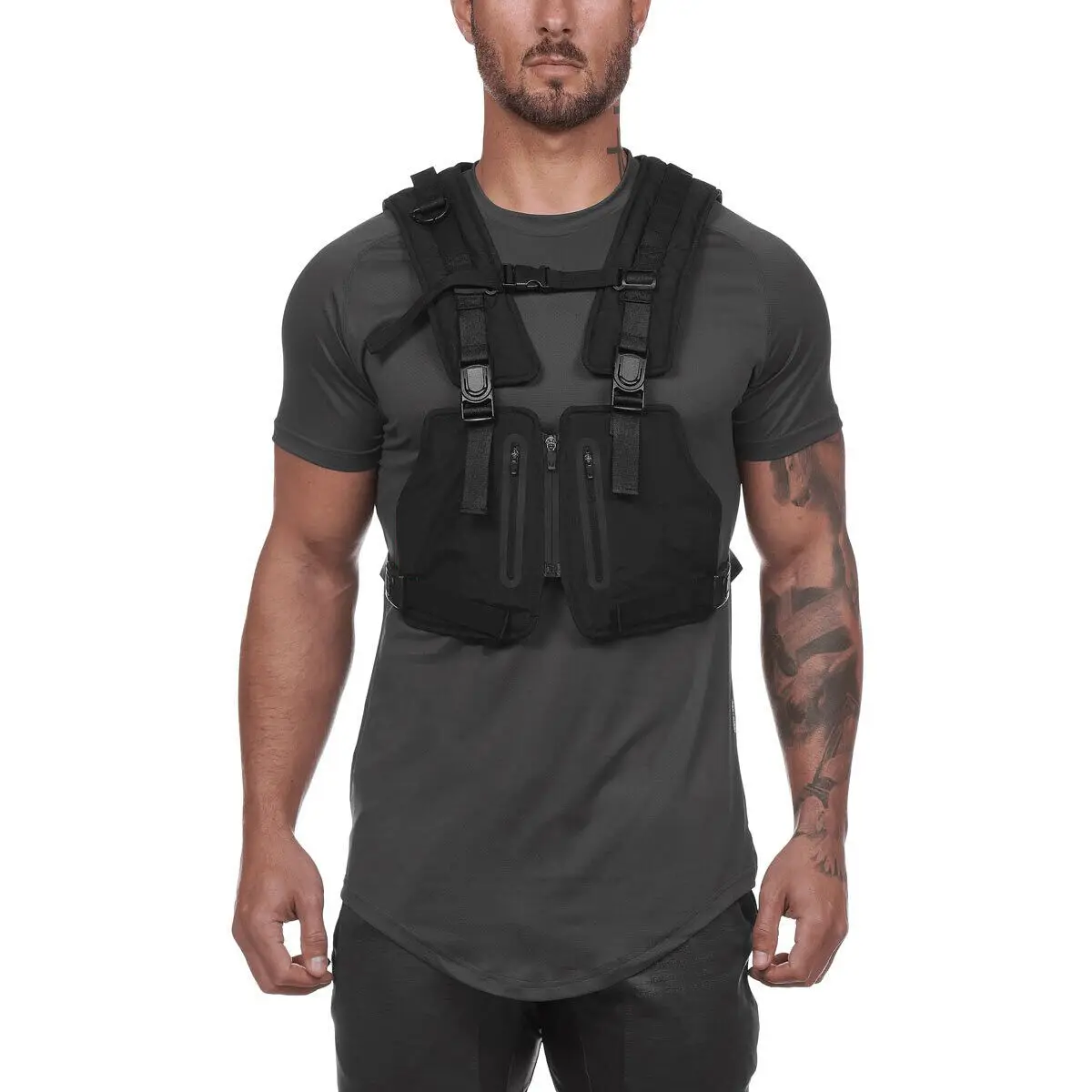 Men's Reflective Tactical Vest Front Chest Rig Bag Pouch Waterproof Outdoor Sport Protective Top Vest Cycling Fishing Vest