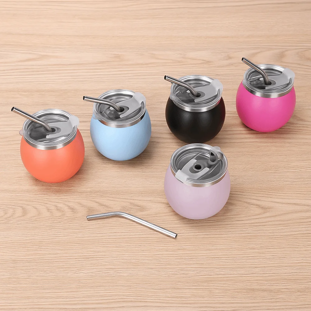 Mini Double Wall Argentine Yerba Mate Cup with Straw and Lid Stainless Steel Portable Egg Cup 5oz Tumbler Cup Office
