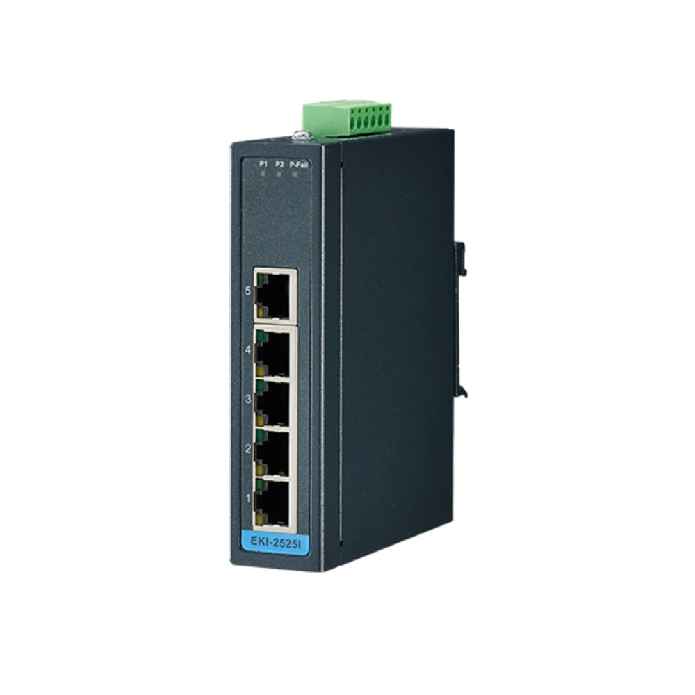 Advantech EKI-2525I 10/100 Mbps 5 puertos Ethernet rápidos Conmutador de red Ethernet industrial de montaje en pared con carril DIN no administrado