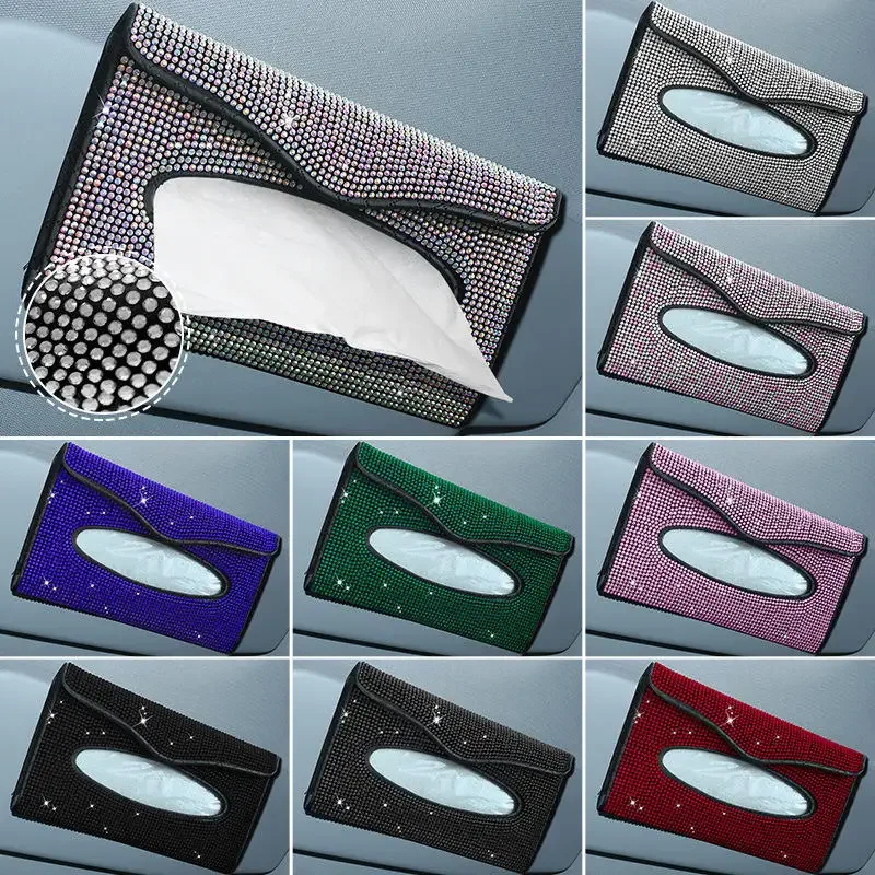 Bling Crystal Car Tissue Box Towel Sets Car Sun Visor Tissue Box Holder Auto Interior Storage Decoration Car Accessories