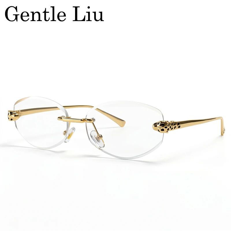 

Rimless Leopard Head Sunglasses Men Luxury Designer Vintage Small Oval Sun Glasses Male Metal Frame Eyewear Retro Driving Shades