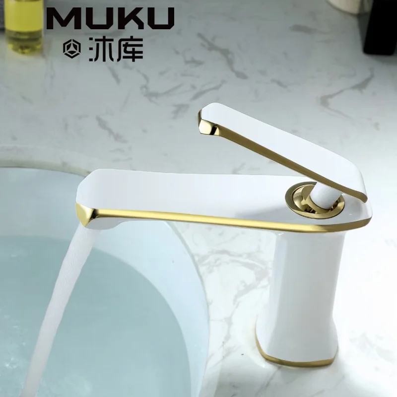 

MUKU Bathroom Faucets Brass Black Hot&Cold Water Mixer Tap White&rose Gold Household Wash Basin Bathroom Counter Crane Faucet