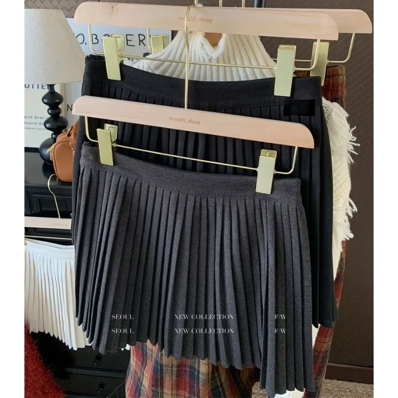 Korean Solid Color Casual Pleated Mini Skirt Women 2024 Autumn New High Street Sexy Slim Tweed Knitted A-line Skirt