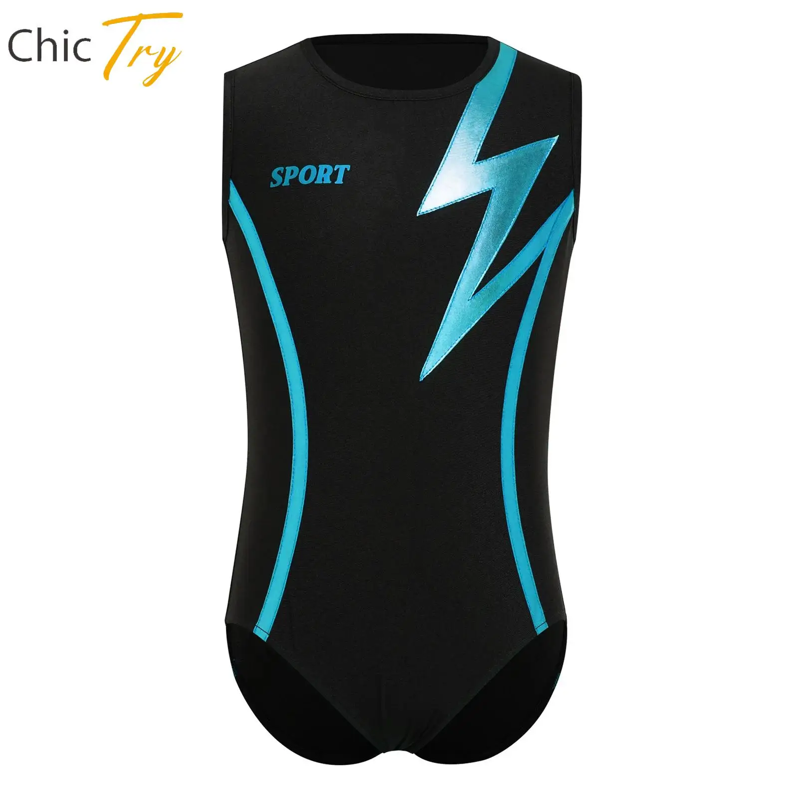 

Boys Gymnastics Dance Leotard Metallic Contrast Color Leotard Teen Sleeveless Press Button Crotch Bodysuit Sportswear Swimwear
