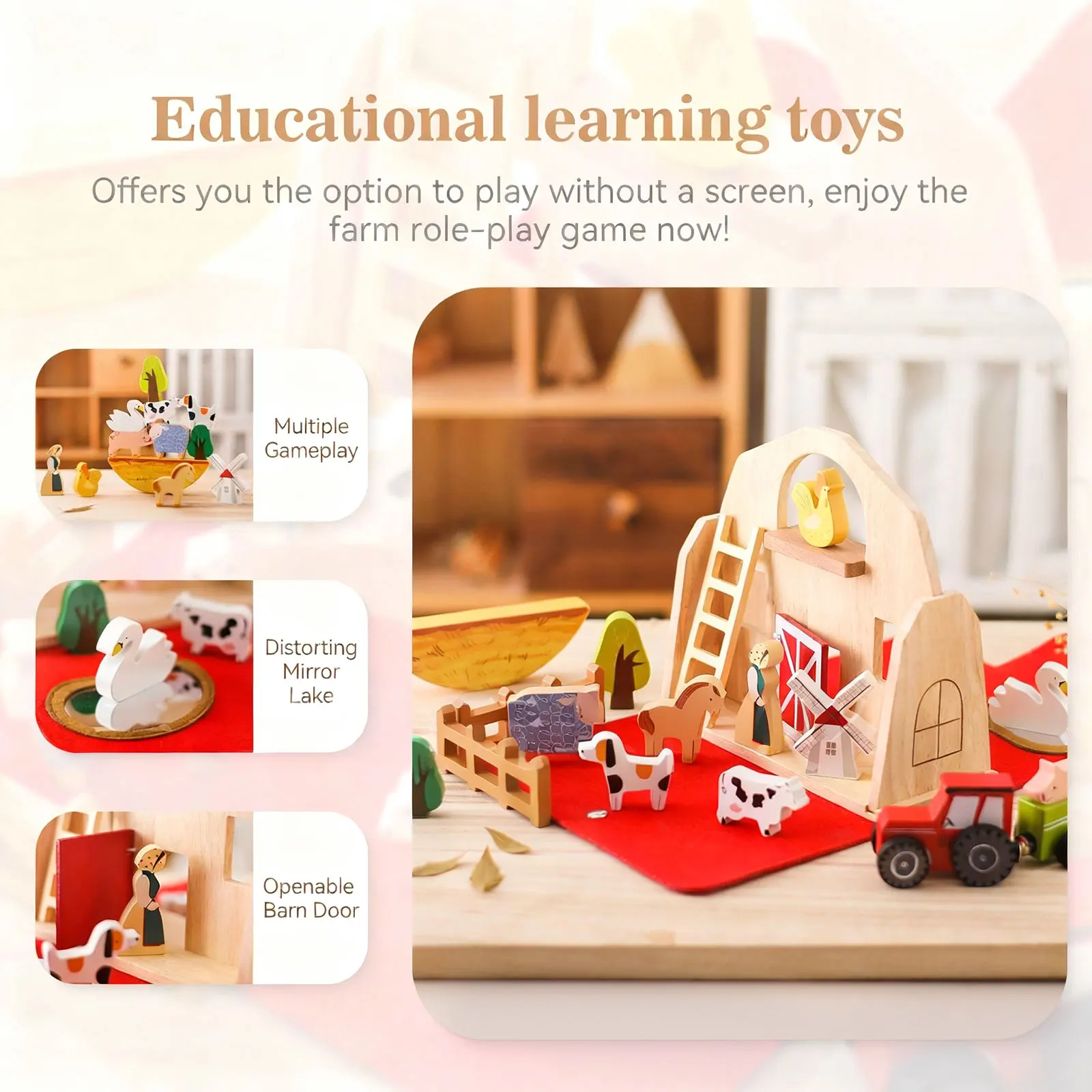 Montessori Wood Building Barn Farm Stacking Blocks Baby Early Learning Disassembly Assembly Toy STEM Learning Cognitive Growth