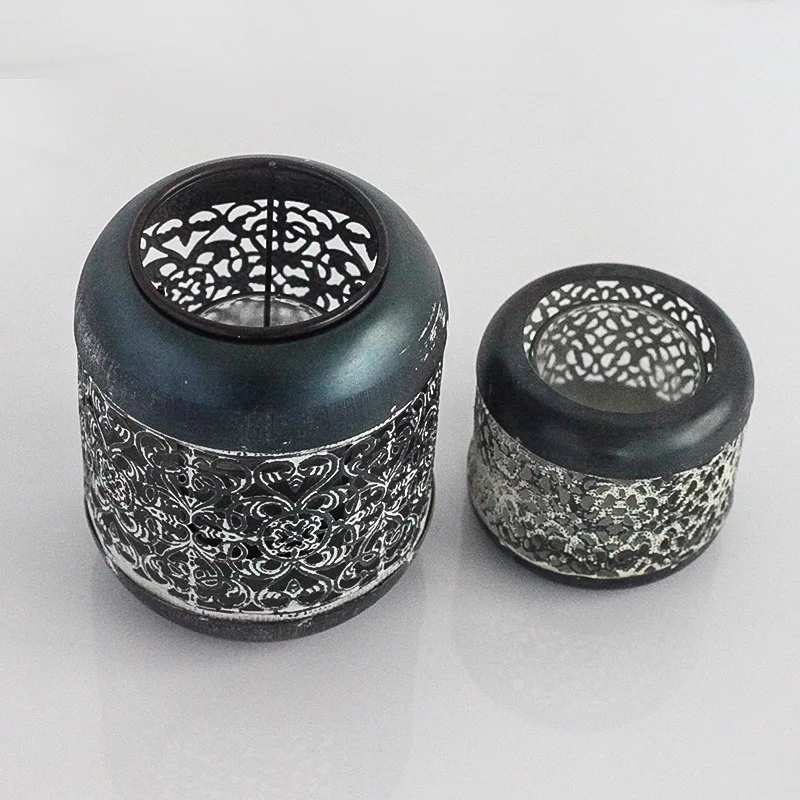 Handmade wrought iron pot embossed monochrome printed candle holder for wedding home decoration