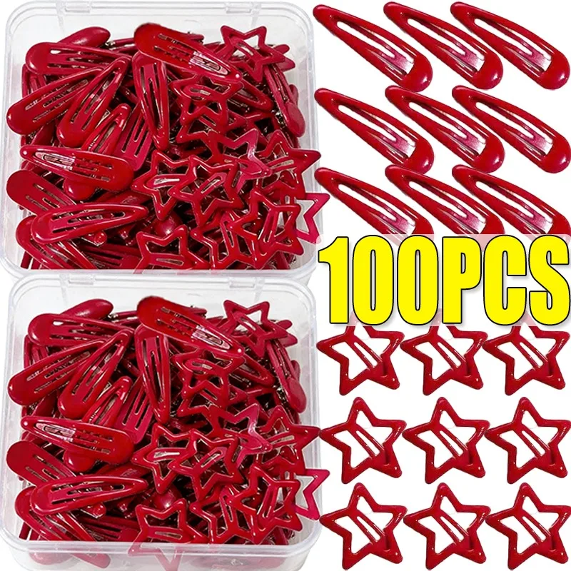

10-100pcs New Red Star Snap Clip for Girl Waterdrop Barrettes Red Hairpin Women Lucky Stars Hair Clip Accessories Kawaii BB Clip