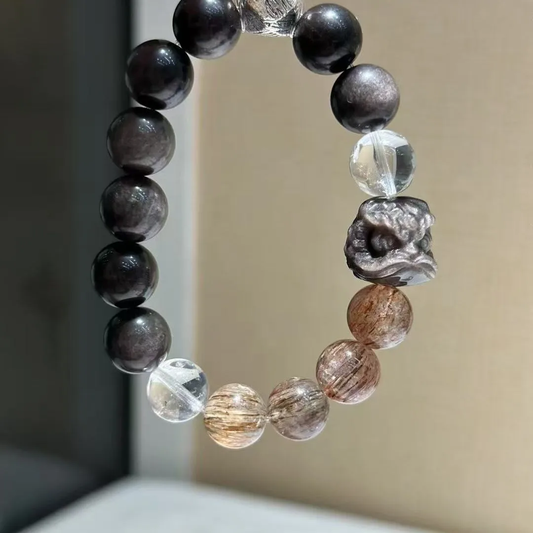 

Natural Obsidian White Crystal Bracelet Black Gold Super Crystal Men's and Women's Light Luxury Fashion Bracelet