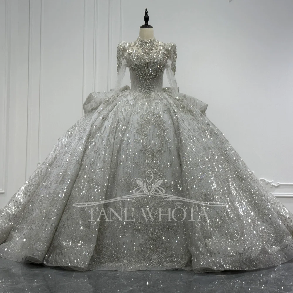 

Luxury Crystal Sequined Bridal Wedding Dress With High Long Sleeves Lace-Up Keyhole Back Bow Detail Customized Ball Gown