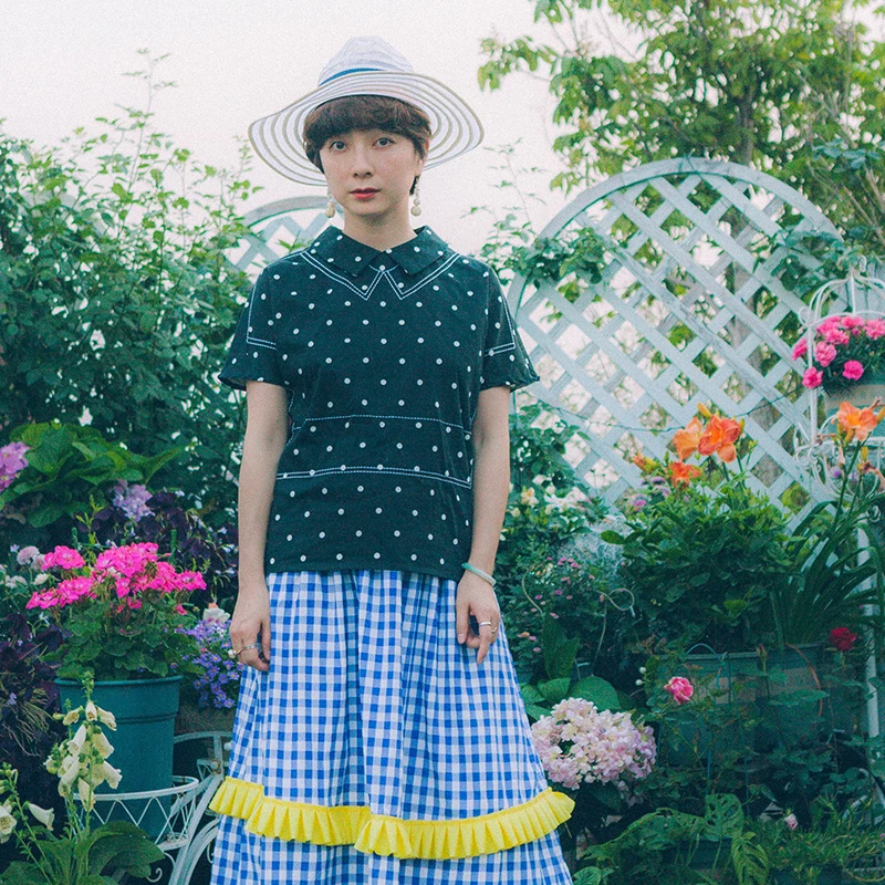 

Японский топ Dadanako с вышивкой, черный с белым горошком, с воротником-стойкой, забавная одежда для женщин