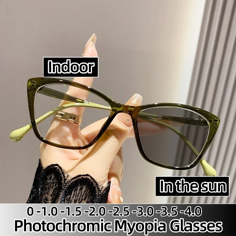 

Trendy Photochromic Myopia Glasses Outdoor Cat Eye Color Changing Sunglasses Anti Blue Light Near Sight Eyewear -1.0 -1.5 -2.0