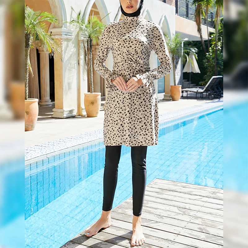 Swimsuit burkini para a mulher muçulmana, calças gola alta, saia longa, touca de natação, 3 peça, impressão bege, mergulho, surf, novo