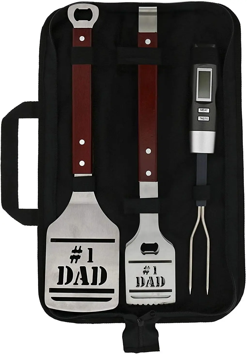 

Panoware BBQ Grill Tools Set for Dad, 4 Piece Set, Number 1 Dad Tongs, Spatula, Digital Thermometer and Case