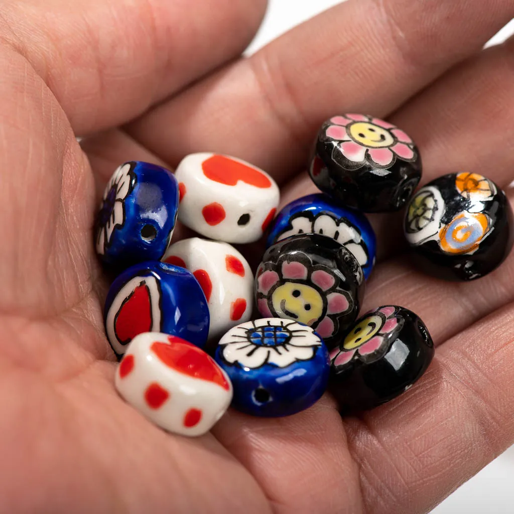 5pcs Hand-Painted Ceramic Beads Featuring Sunflowers, Hearts, and Flowers Z723