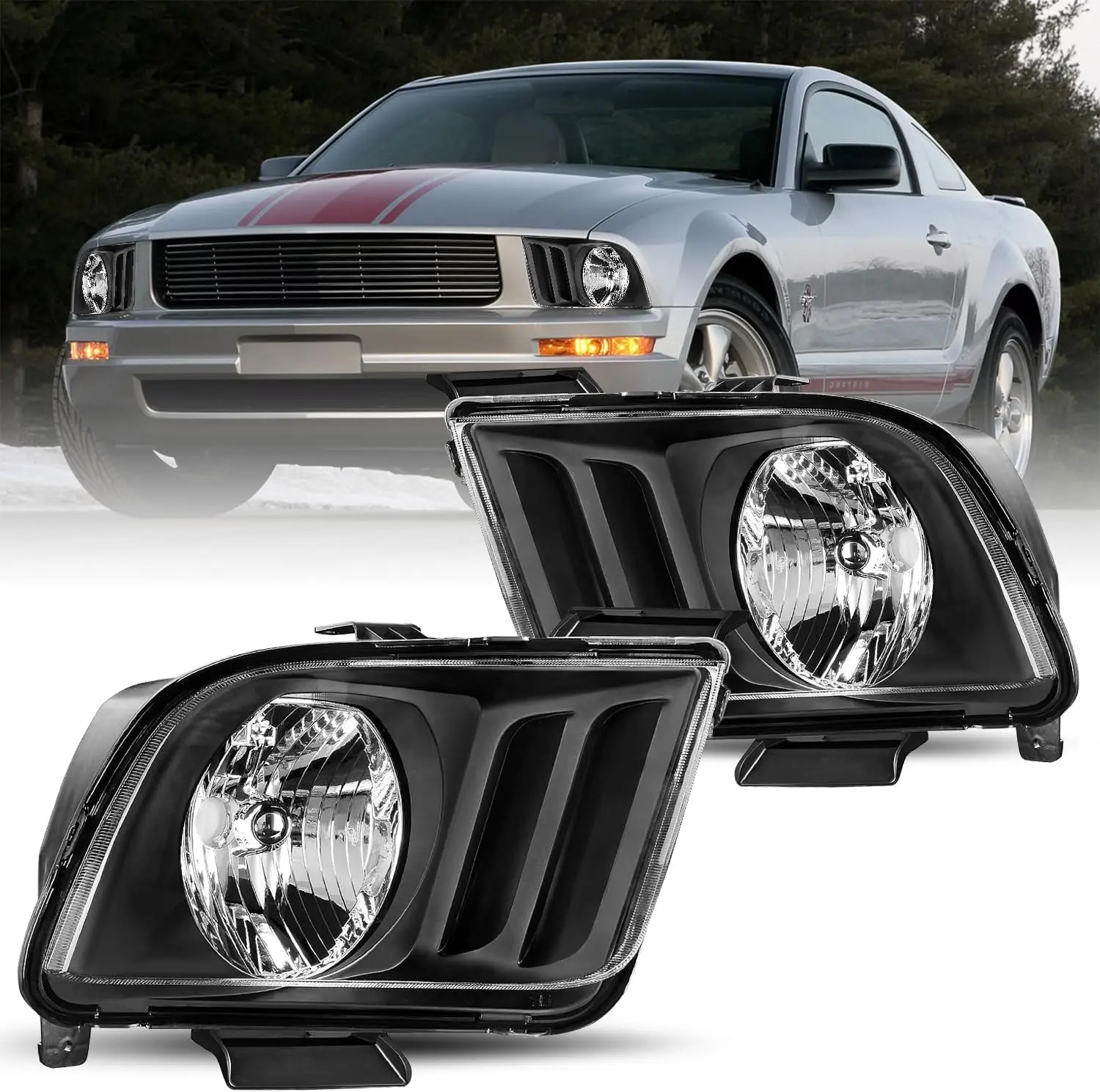 

Headlight Assembly Pair for 2005-2009 Ford Mustang OEM Halogen Headlamp Replacement (Black Housing with Clear Reflector)