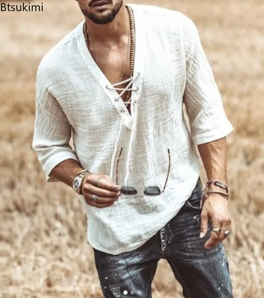 Summer New Men's Half Sleeve V Neck T-shirts Chest Lace Up Solid Color Pullover Shirts Vintage Loose Medieval Tunic Tops for Men