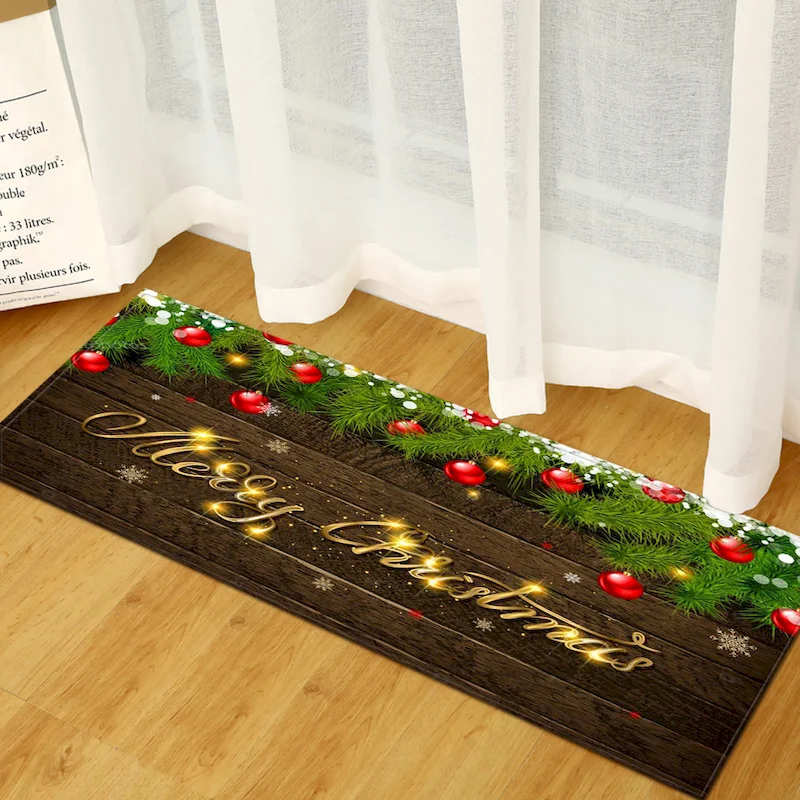 VIKAMA Christmas Kitchen Floor Mat Anti Slip Water Absorbing Carpet, Retro Wooden Board Printed Long Foot Mat Home Decoration