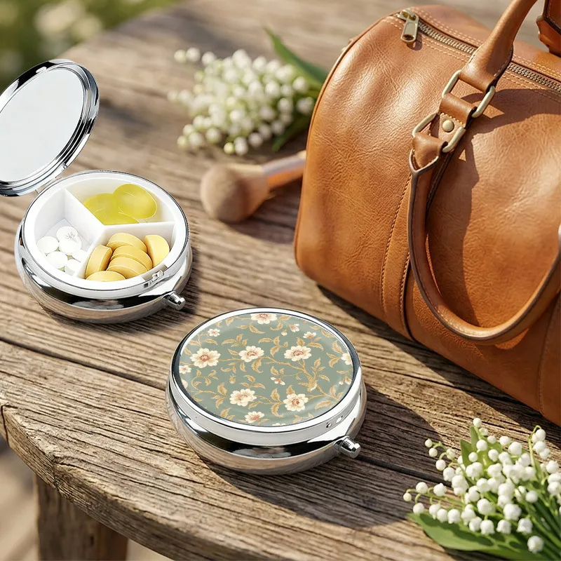 Vintage Metal Pill Box Three-Compartment Portable Travel Pill Box Sage Green Floral Bird Pattern Small Pill Storage Box Vitamin Storage Container Decorative Pill Box Unique Fashion Gift Daily Supplement Dispenser view 3