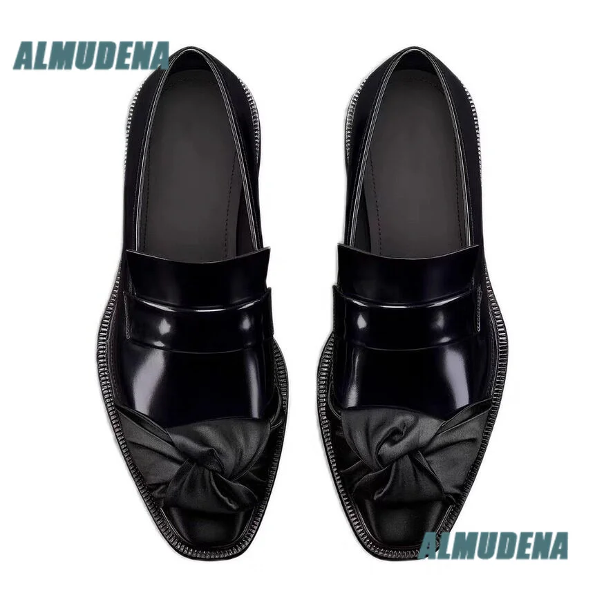 Men's Black Patent Leather Loafers Satin Twisted Knot Square Toe Slip On Thick Sole Dress Shoes Luxury Designer Men's Shoes