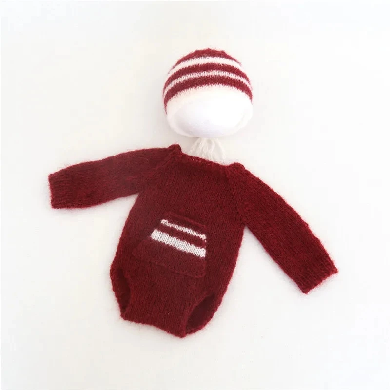 Christmas Newborn Photography Outfit Set, Hand Knitted Baby Romper & Hat, Infant Xmas Studio Photoshoot Costume Prop