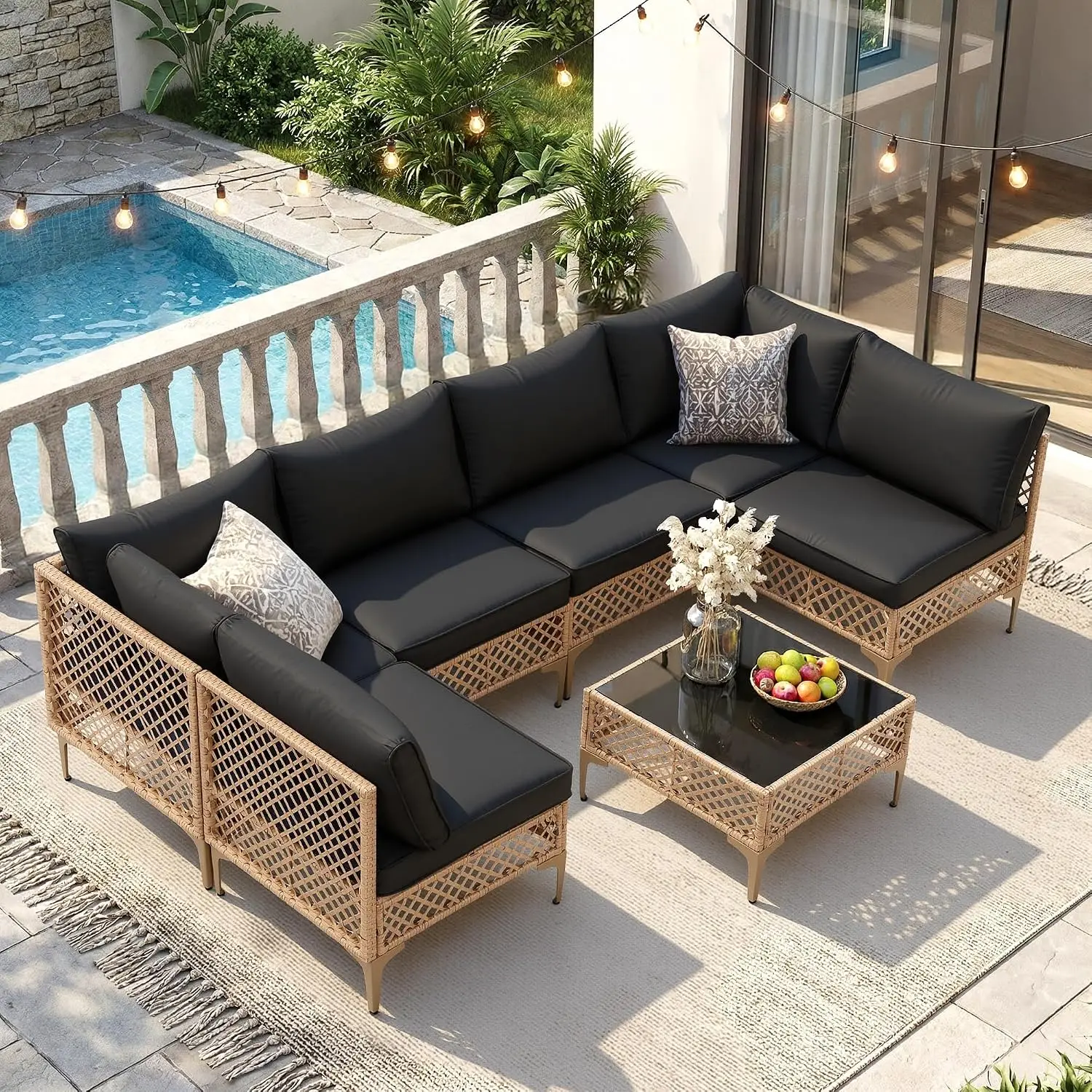 7 Piece Patio Furniture Set, Outdoor Wicker Sectional Sofa Set, Customized