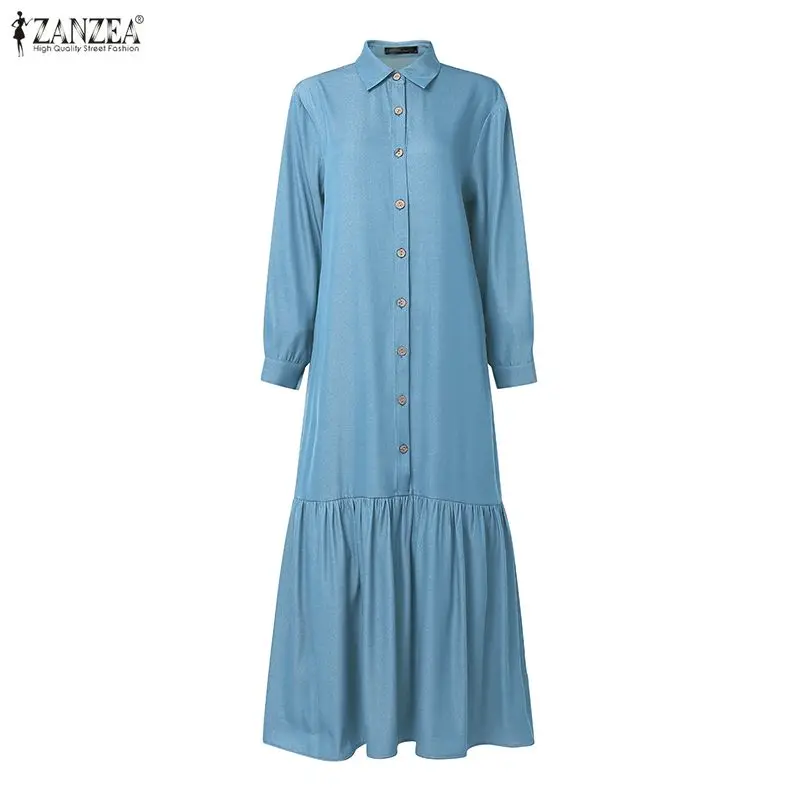 2026 ZANZEA Women Lapel Neck Long Sleeve Denim Blue Sundress Casual Robe Kaftan Spring Muslim Dress Abaya Solid Loose Vestido