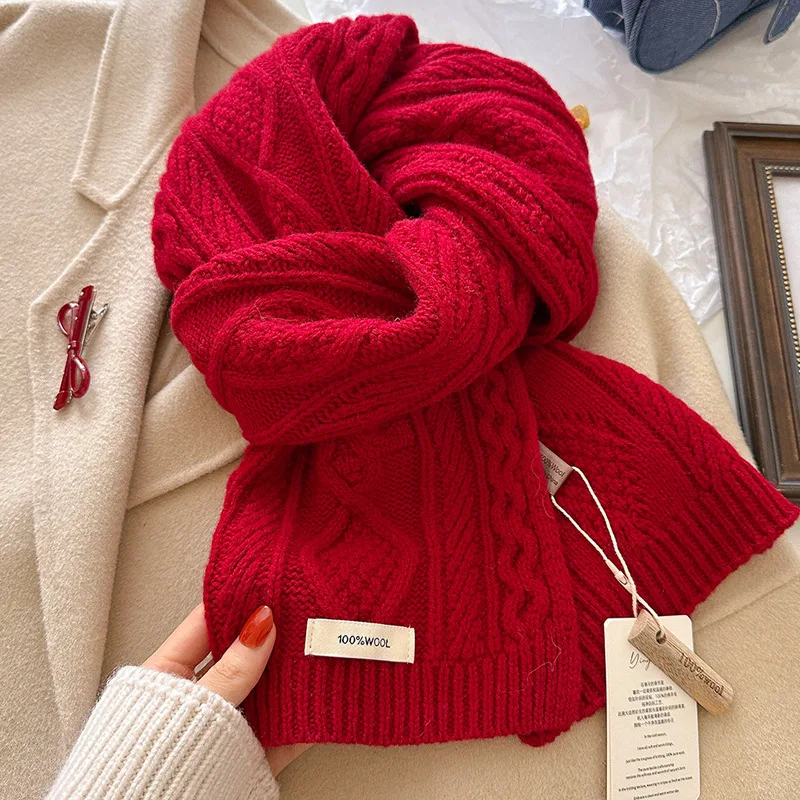 Luxury 100% Wool Scarf Women Mens Thick Cable Knitted Wrap Chunky Warm Scarf Warm Cashmere Scarves Neckercheif Christmas Gift view 3