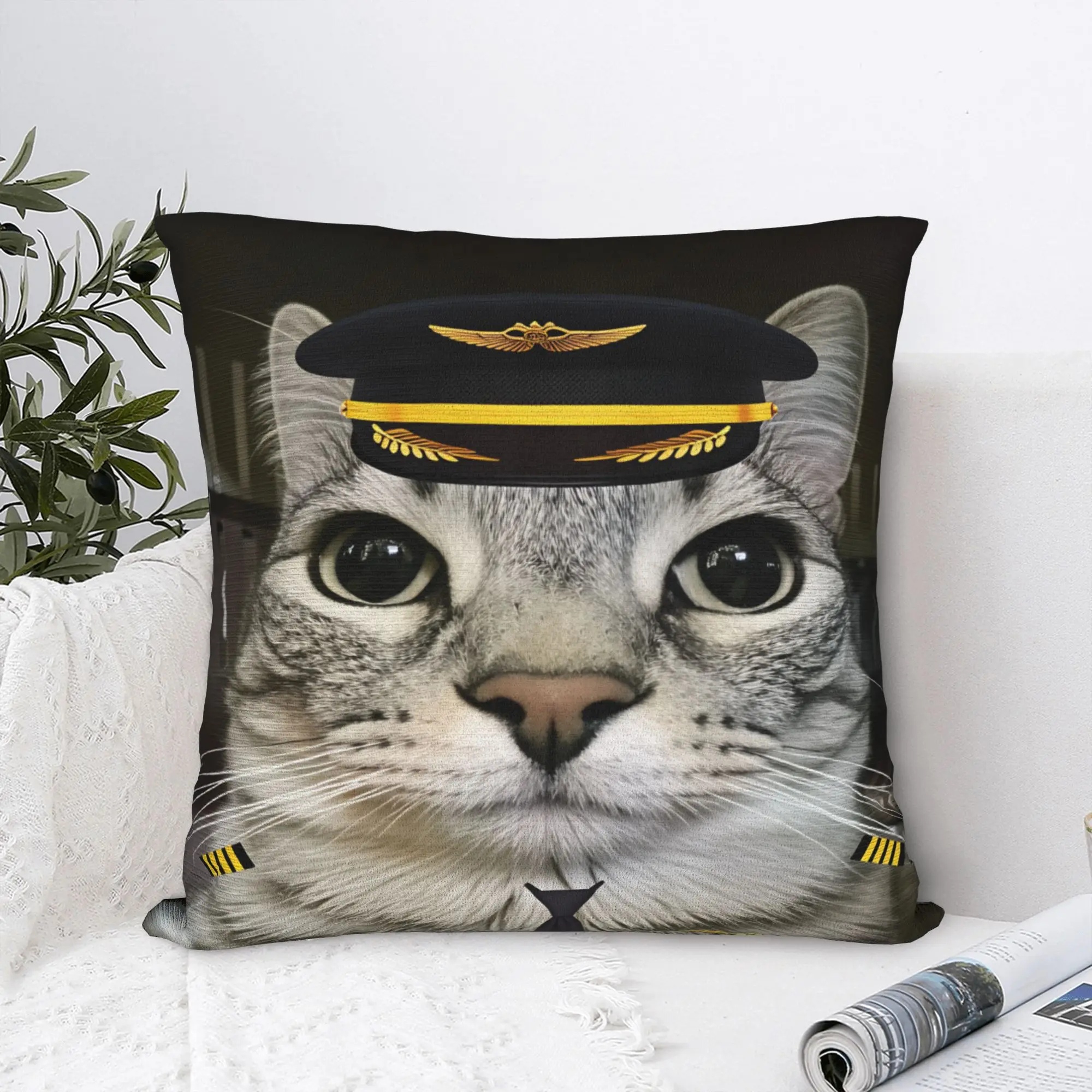 Funny Airline Captain Cat Pillow Cover  Square Cushion Cover Fashion Pillow Case For Living Room Chair