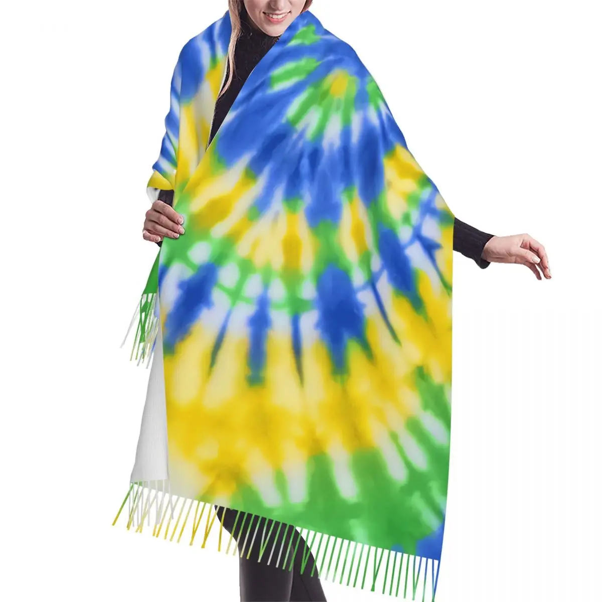 Custom Tie Dye Blue Green And Yellow Scarf Wrap for Women Long Winter Warm Tassel Shawl Unisex Traditional Dyeing Art Scarves